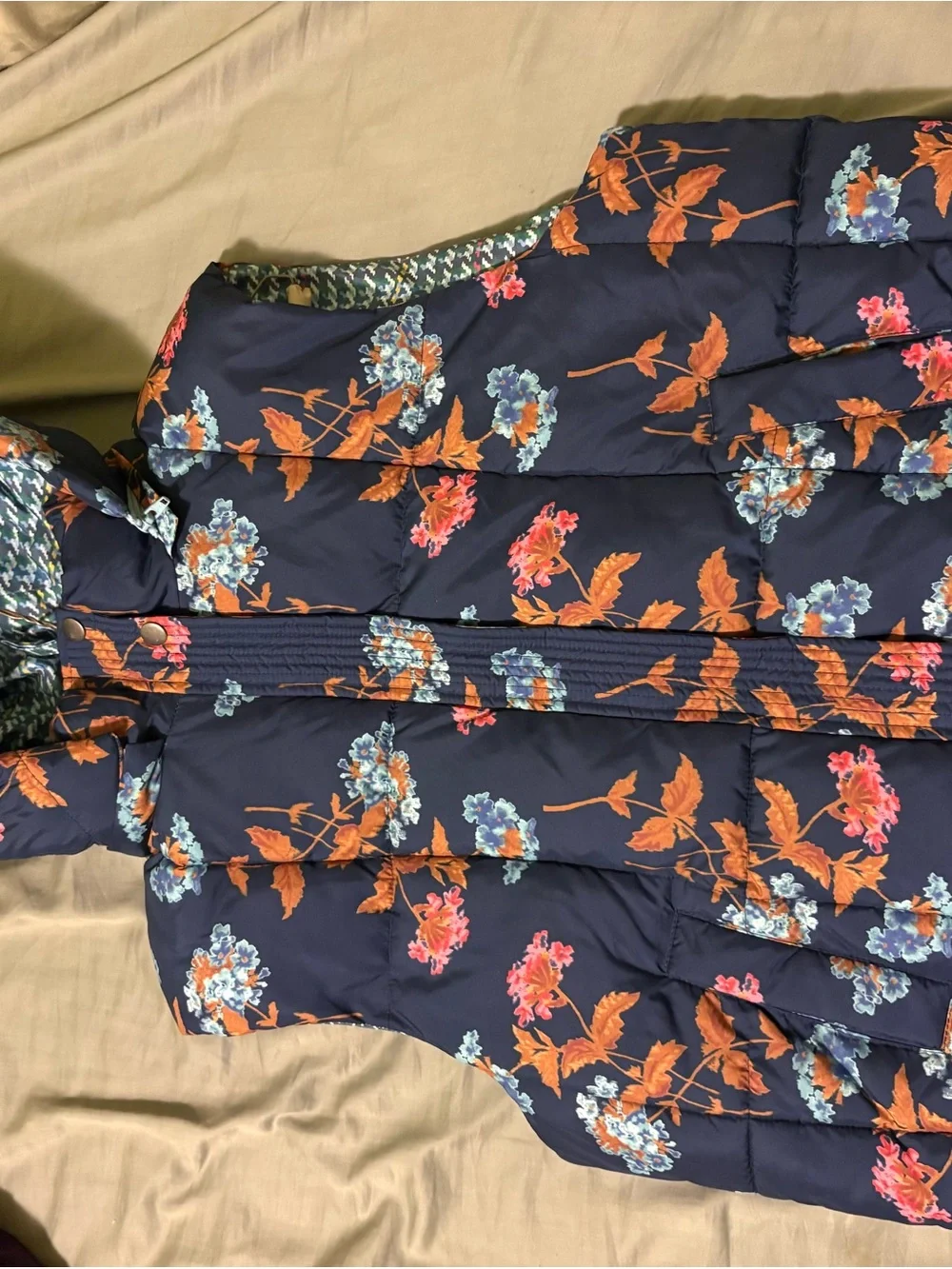 Navy Floral Puffer Vest with Hood